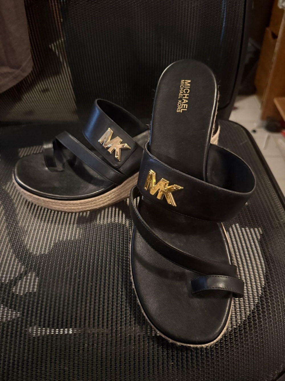 Michael Kors Black Leather Wedge Sandals with Gold MK Accent